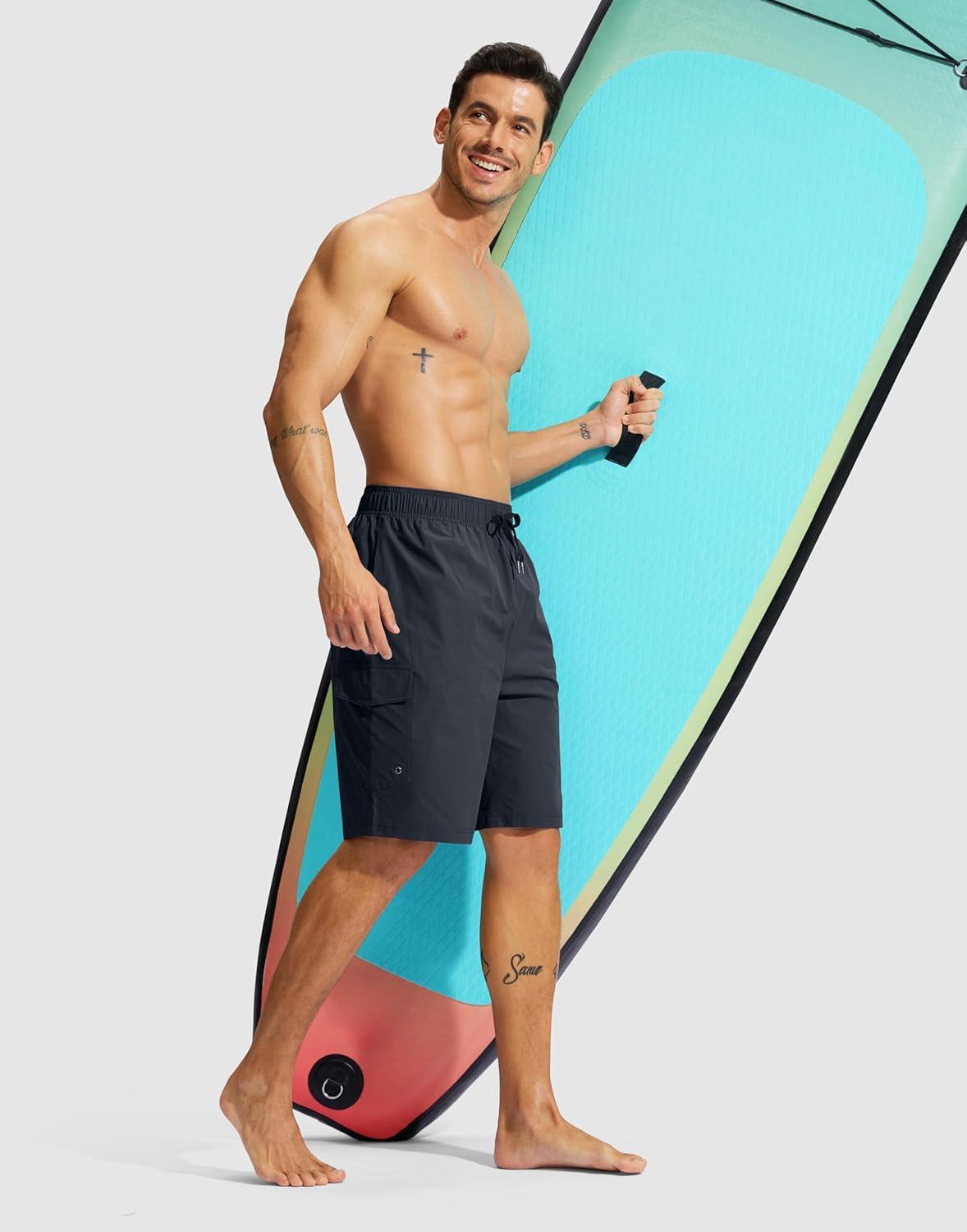 imageMens Swim Trunks No Liner 9 Board Shorts Quick Dry Bathing Suit Swimming Beach Shorts for Men with 3 PocketsDark Grey