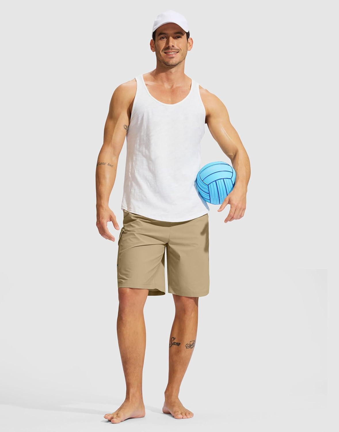 imageMens Swim Trunks No Liner 9 Board Shorts Quick Dry Bathing Suit Swimming Beach Shorts for Men with 3 PocketsKhaki