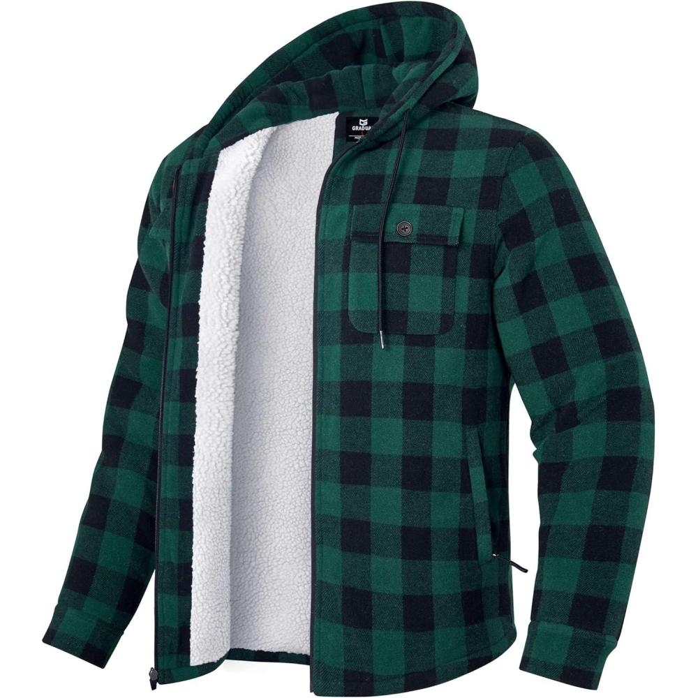 imageG Gradual Mens Flannel Jacket Fleece Sherpa Lined Hoodies Zip Up Plaid Shirt Warm Winter Jackets for Men with Zipper PocketsBlack Green