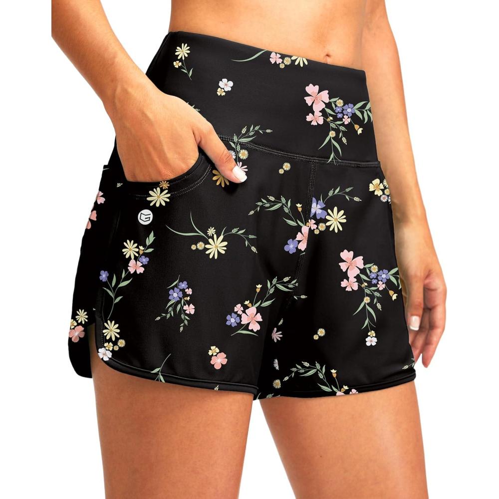 imageG Gradual Womens 3 High Waisted Swim Board Shorts with Pockets Quick Dry Swimsuit Bottoms Bathing Suit for Women with LinerBlack Floral