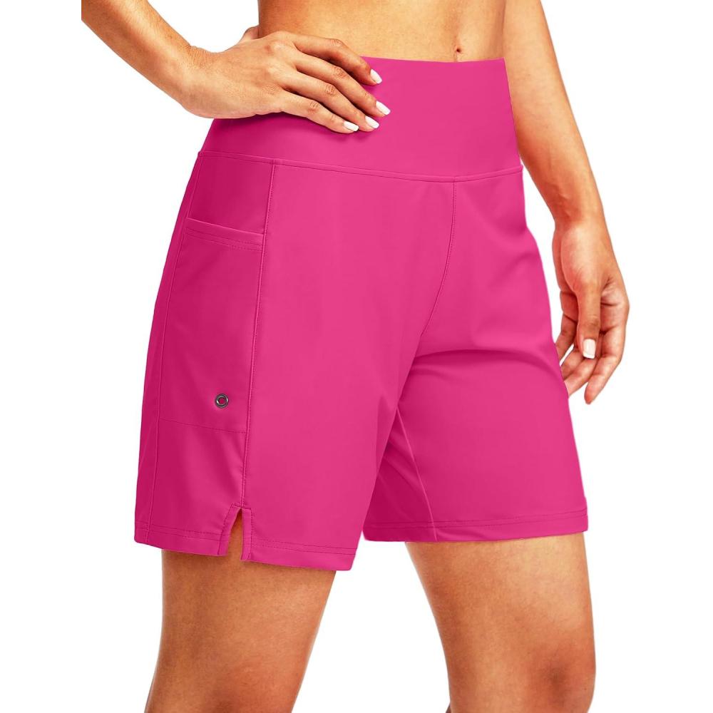 imageG Gradual Womens 7 Long Swim Board Shorts High Waisted Quick Dry Beach Swimming Shorts for Women with Liner PocketsRosy