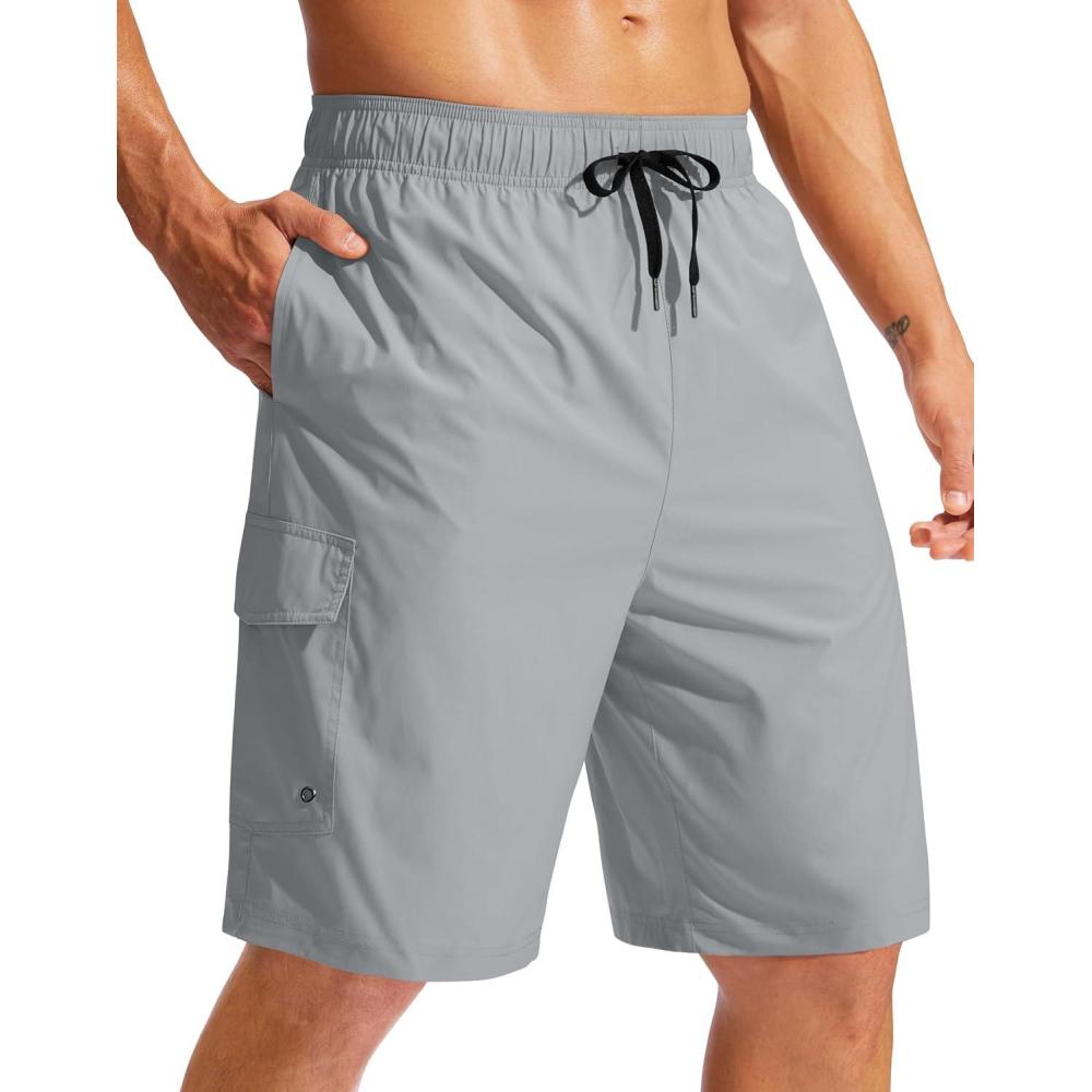 imageMens Swim Trunks No Liner 9 Board Shorts Quick Dry Bathing Suit Swimming Beach Shorts for Men with 3 PocketsLight Grey