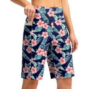 G GRADUAL Women’s 11″ Long Swim Board Shorts High Waisted Knee Length Beach Swimming Shorts for Women with Pockets Liner(Navy Flower)