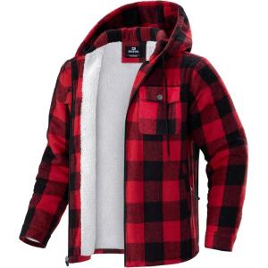 G Gradual Men’s Flannel Jacket Fleece Sherpa Lined Hoodies Zip Up Plaid Shirt Warm Winter Jackets for Men with Zipper Pockets(Black Red)