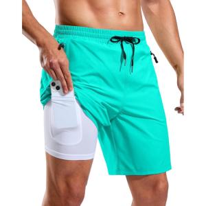 G Gradual Mens Swim Trunks with Compression Liner 7″ Quick Dry Board Shorts Swimsuit Bathing Suit for Men with Zipper Pockets(Cyan)