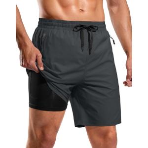G Gradual Mens Swim Trunks with Compression Liner 7″ Quick Dry Board Shorts Swimsuit Bathing Suit for Men with Zipper Pockets(Dark Grey)