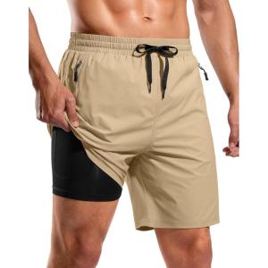 G Gradual Mens Swim Trunks with Compression Liner 7″ Quick Dry Board Shorts Swimsuit Bathing Suit for Men with Zipper Pockets(Khaki)