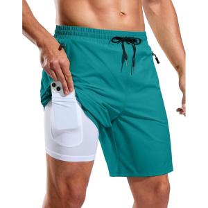 G Gradual Mens Swim Trunks with Compression Liner 7″ Quick Dry Board Shorts Swimsuit Bathing Suit for Men with Zipper Pockets(Lake Green)