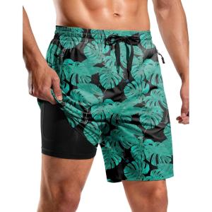 G Gradual Mens Swim Trunks with Compression Liner 7″ Quick Dry Board Shorts Swimsuit Bathing Suit for Men with Zipper Pockets(Leaf)