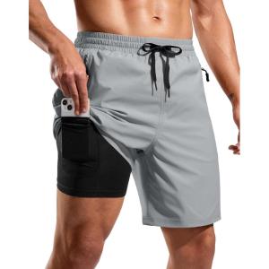 G Gradual Mens Swim Trunks with Compression Liner 7″ Quick Dry Board Shorts Swimsuit Bathing Suit for Men with Zipper Pockets(Light Grey)