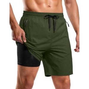 G Gradual Mens Swim Trunks with Compression Liner 7″ Quick Dry Board Shorts Swimsuit Bathing Suit for Men with Zipper Pockets(Olive)