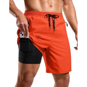 G Gradual Mens Swim Trunks with Compression Liner 7″ Quick Dry Board Shorts Swimsuit Bathing Suit for Men with Zipper Pockets(Orange)