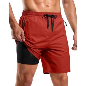 G Gradual Mens Swim Trunks with Compression Liner 7″ Quick Dry Board Shorts Swimsuit Bathing Suit for Men with Zipper Pockets(Red)