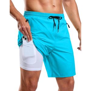 G Gradual Mens Swim Trunks with Compression Liner 7″ Quick Dry Board Shorts Swimsuit Bathing Suit for Men with Zipper Pockets(Sky Blue)