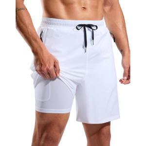 G Gradual Mens Swim Trunks with Compression Liner 7″ Quick Dry Board Shorts Swimsuit Bathing Suit for Men with Zipper Pockets(White)