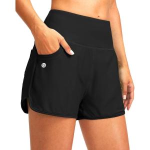 G Gradual Women’s 3″ High Waisted Swim Board Shorts with Pockets Quick Dry Swimsuit Bottoms Bathing Suit for Women with Liner(Black)