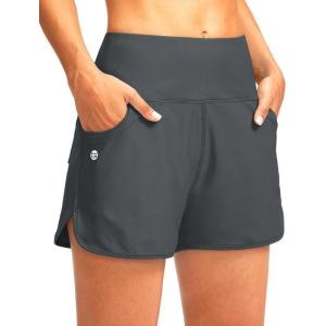 G Gradual Women’s 3″ High Waisted Swim Board Shorts with Pockets Quick Dry Swimsuit Bottoms Bathing Suit for Women with Liner(Dark Grey)