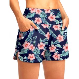 G Gradual Women’s 3″ High Waisted Swim Board Shorts with Pockets Quick Dry Swimsuit Bottoms Bathing Suit for Women with Liner(Navy Flower)