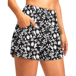 G Gradual Women’s 3″ High Waisted Swim Board Shorts with Pockets Quick Dry Swimsuit Bottoms Bathing Suit for Women with Liner(White Flower)