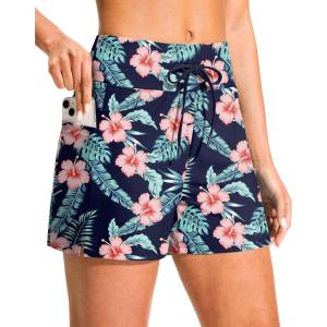 G Gradual Women’s 4″ High Waisted Swim Board Shorts with Pockets Quick Dry Swimming Swimsuit Bathing Suit Bottoms for Women(Navy Flower)
