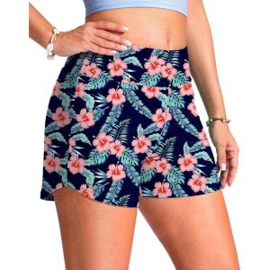 G Gradual Women’s 4″ Swim Board Shorts High Waisted Tummy Control Swimsuit Bathing Suit Bottoms for Women with Liner Pocket(Navy Blue Flower)