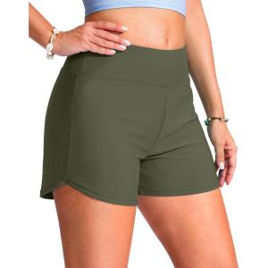 G Gradual Women’s 4″ Swim Board Shorts High Waisted Tummy Control Swimsuit Bathing Suit Bottoms for Women with Liner Pocket(Olive)