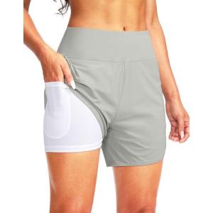 G Gradual Women’s 5″ High Waisted Swim Board Shorts Quick Dry UPF 50+ Swimming Beach Shorts for Women with Liner Pockets(Bright Grey)