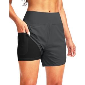 G Gradual Women’s 5″ High Waisted Swim Board Shorts Quick Dry UPF 50+ Swimming Beach Shorts for Women with Liner Pockets(Dark Grey)