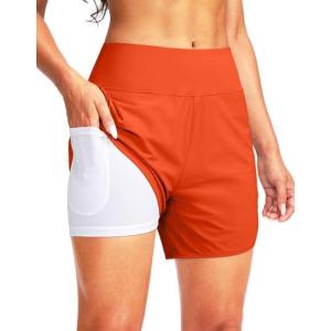 G Gradual Women’s 5″ High Waisted Swim Board Shorts Quick Dry UPF 50+ Swimming Beach Shorts for Women with Liner Pockets(Orange)