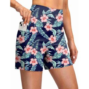 G Gradual Women’s 5″ High Waisted Swim Board Shorts with Phone Pockets UPF 50+ Quick Dry Beach Shorts for Women with Liner(Navy Blue Flower)
