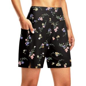 G Gradual Women’s 7″ Long Swim Board Shorts High Waisted Quick Dry Beach Swimming Shorts for Women with Liner Pockets(Black Floral)