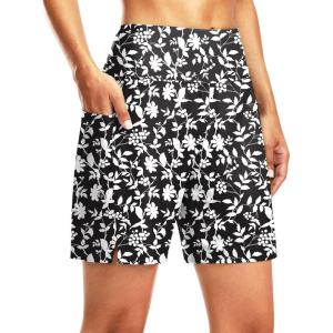 G Gradual Women’s 7″ Long Swim Board Shorts High Waisted Quick Dry Beach Swimming Shorts for Women with Liner Pockets(D White Flower)