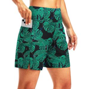 G Gradual Women’s 7″ Long Swim Board Shorts High Waisted Quick Dry Beach Swimming Shorts for Women with Liner Pockets(Leaf)