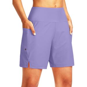 G Gradual Women’s 7″ Long Swim Board Shorts High Waisted Quick Dry Beach Swimming Shorts for Women with Liner Pockets(Light Purple)