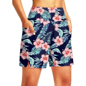 G Gradual Women’s 7″ Long Swim Board Shorts High Waisted Quick Dry Beach Swimming Shorts for Women with Liner Pockets(Navy Flower)