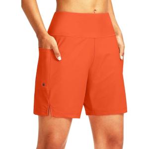 G Gradual Women’s 7″ Long Swim Board Shorts High Waisted Quick Dry Beach Swimming Shorts for Women with Liner Pockets(Orange)