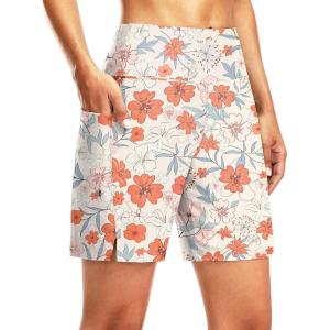 G Gradual Women’s 7″ Long Swim Board Shorts High Waisted Quick Dry Beach Swimming Shorts for Women with Liner Pockets(Orange Flower)