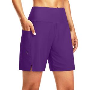 G Gradual Women’s 7″ Long Swim Board Shorts High Waisted Quick Dry Beach Swimming Shorts for Women with Liner Pockets(Purple)