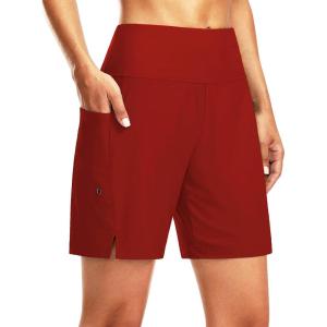 G Gradual Women’s 7″ Long Swim Board Shorts High Waisted Quick Dry Beach Swimming Shorts for Women with Liner Pockets(Red)