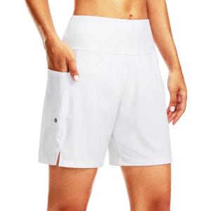 G Gradual Women’s 7″ Long Swim Board Shorts High Waisted Quick Dry Beach Swimming Shorts for Women with Liner Pockets(White)