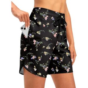 G Gradual Women’s 7″ Quick Dry High Waisted Swim Board Shorts with Zipper Pockets UPF 50+ Beach Shorts for Women with Liner(Black Floral)