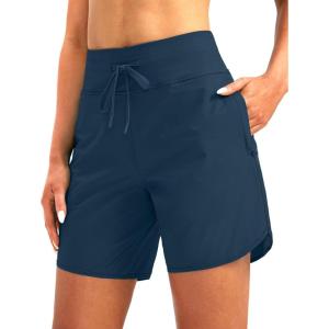 G Gradual Women’s 7″ Quick Dry High Waisted Swim Board Shorts with Zipper Pockets UPF 50+ Beach Shorts for Women with Liner(Blue)