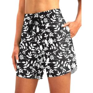 G Gradual Women’s 7″ Quick Dry High Waisted Swim Board Shorts with Zipper Pockets UPF 50+ Beach Shorts for Women with Liner(White Flower)