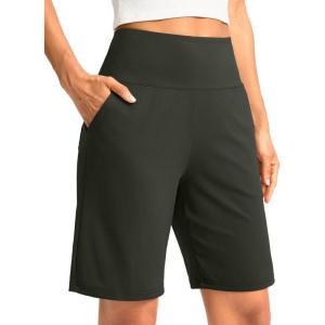 G Gradual Women’s Bermuda Long Shorts with Pockets 9″ High Waisted Knee Length Shorts for Women Walking Athletic Workout(Olive)