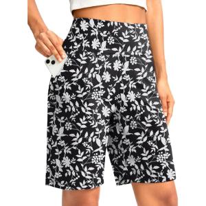 G Gradual Women’s Bermuda Long Shorts with Pockets 9″ High Waisted Knee Length Shorts for Women Walking Athletic Workout(White Flower)