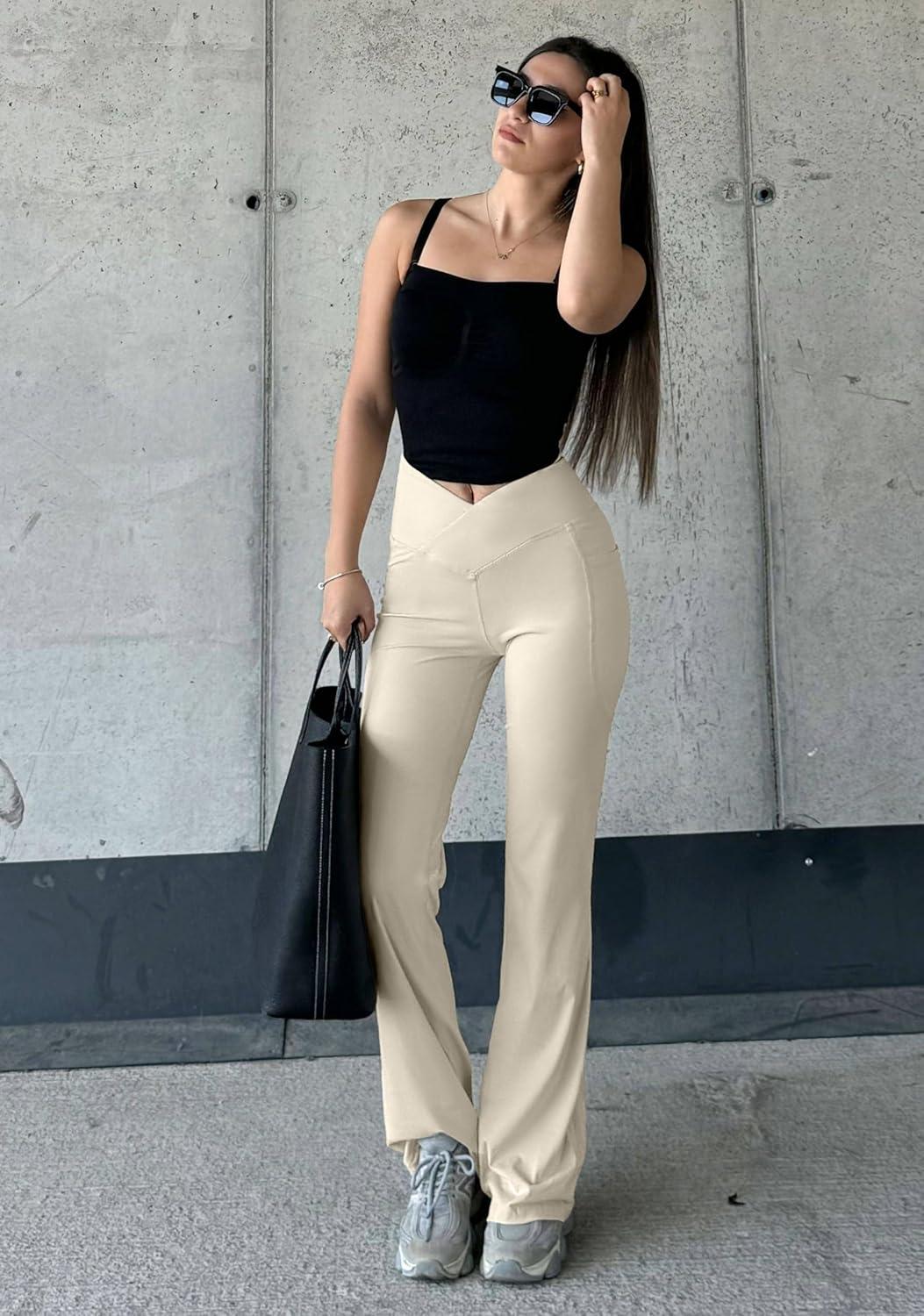 imageG Gradual Womens Flare Leggings Crossover Yoga Pants 2930532 High Waist Bell Bottom Pants for Women with PocketsTaupe