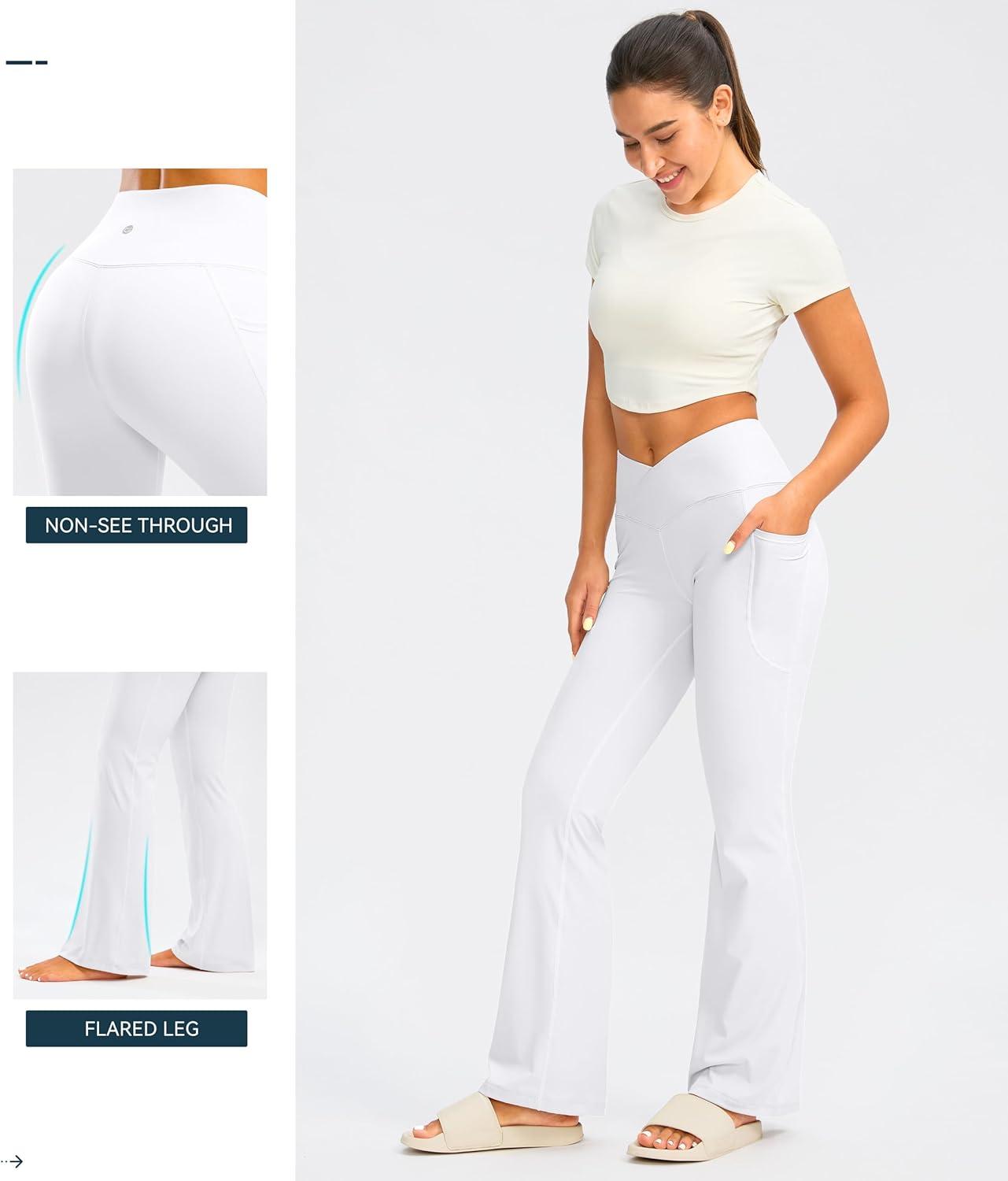imageG Gradual Womens Flare Leggings Crossover Yoga Pants 2930532 High Waist Bell Bottom Pants for Women with PocketsWhite