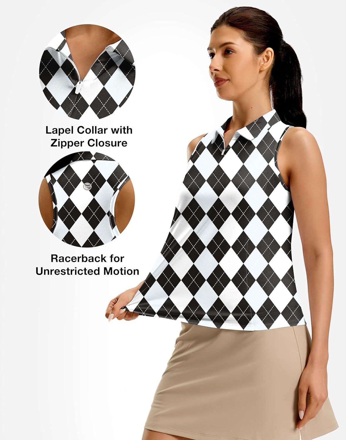 imageG Gradual Womens Golf Shirt Racerback Tank Zip Up Athletic Sleeveless Top Tennis Pickleball Cooling Polo Shirts LightweightGrey Argyle
