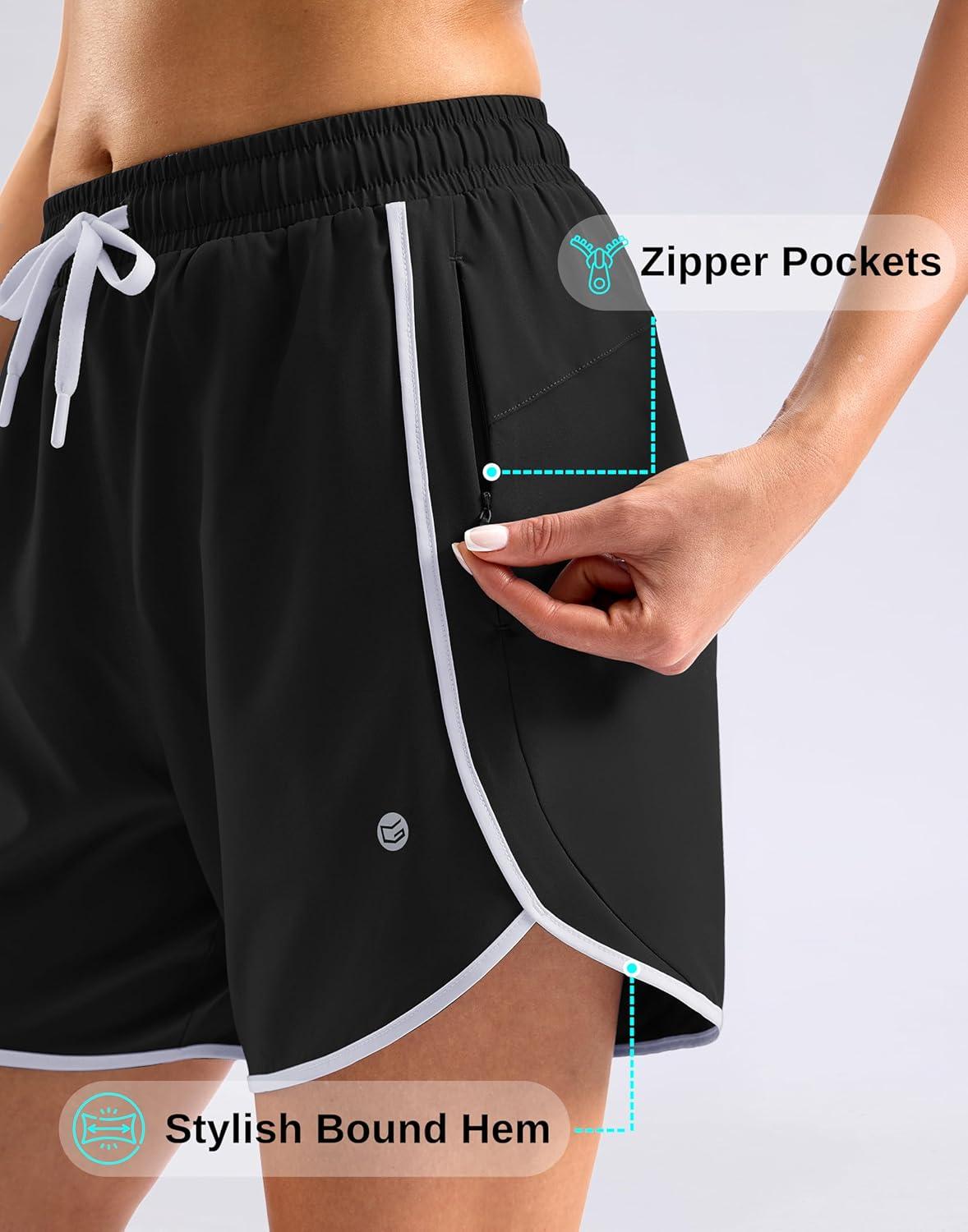 imageG Gradual Womens 5 Swim Shorts Zipper Pockets Quick Dry Board Shorts Bathing Suit Bottom with Liner Running Athletic ShortsBlack