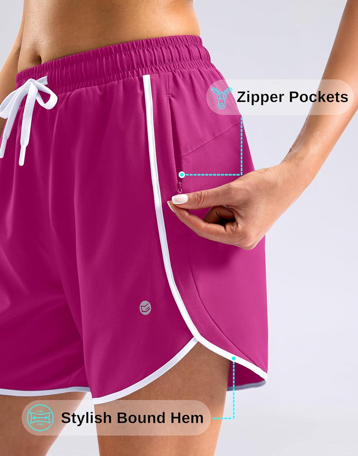 imageG Gradual Womens 5 Swim Shorts Zipper Pockets Quick Dry Board Shorts Bathing Suit Bottom with Liner Running Athletic ShortsRose